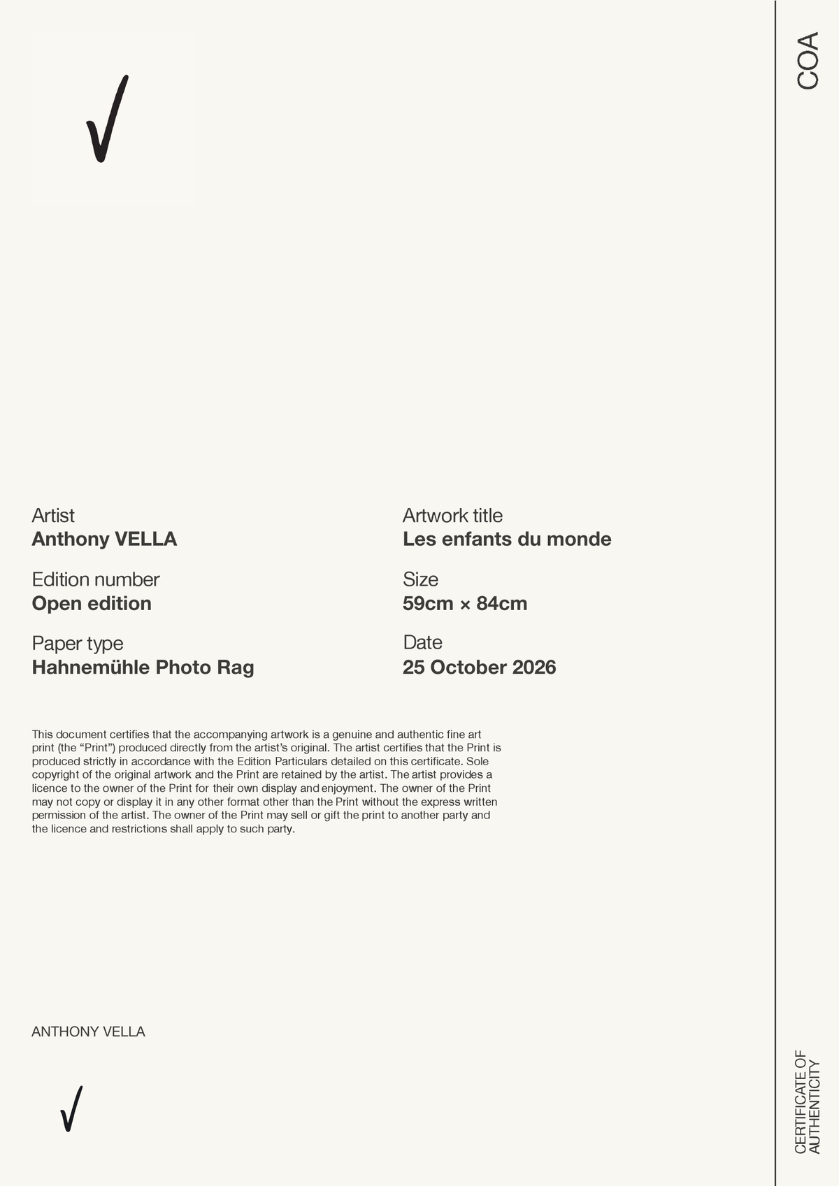 Les enfants du monde — Certificate of Authenticity