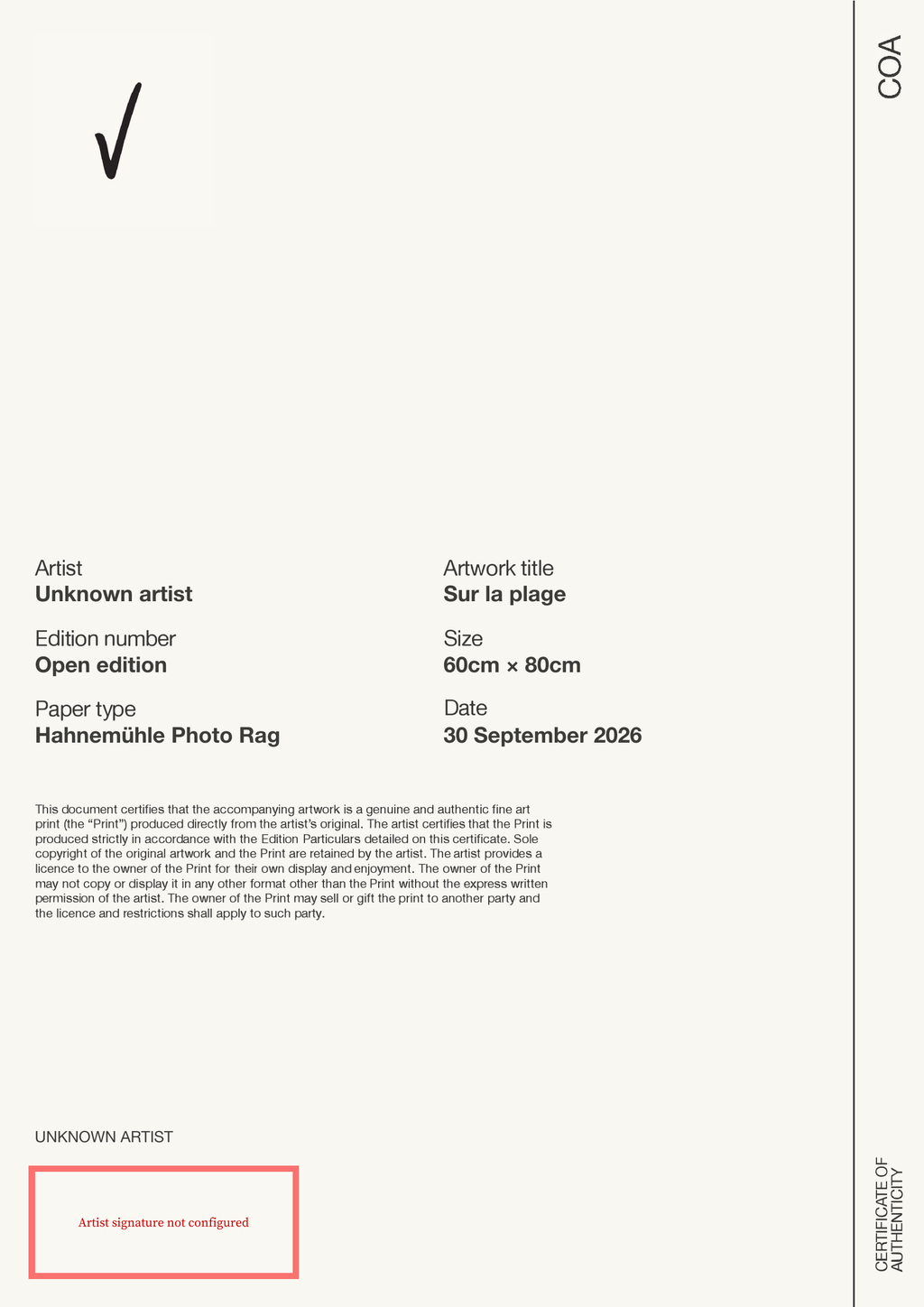 Sur la plage — Certificate of Authenticity