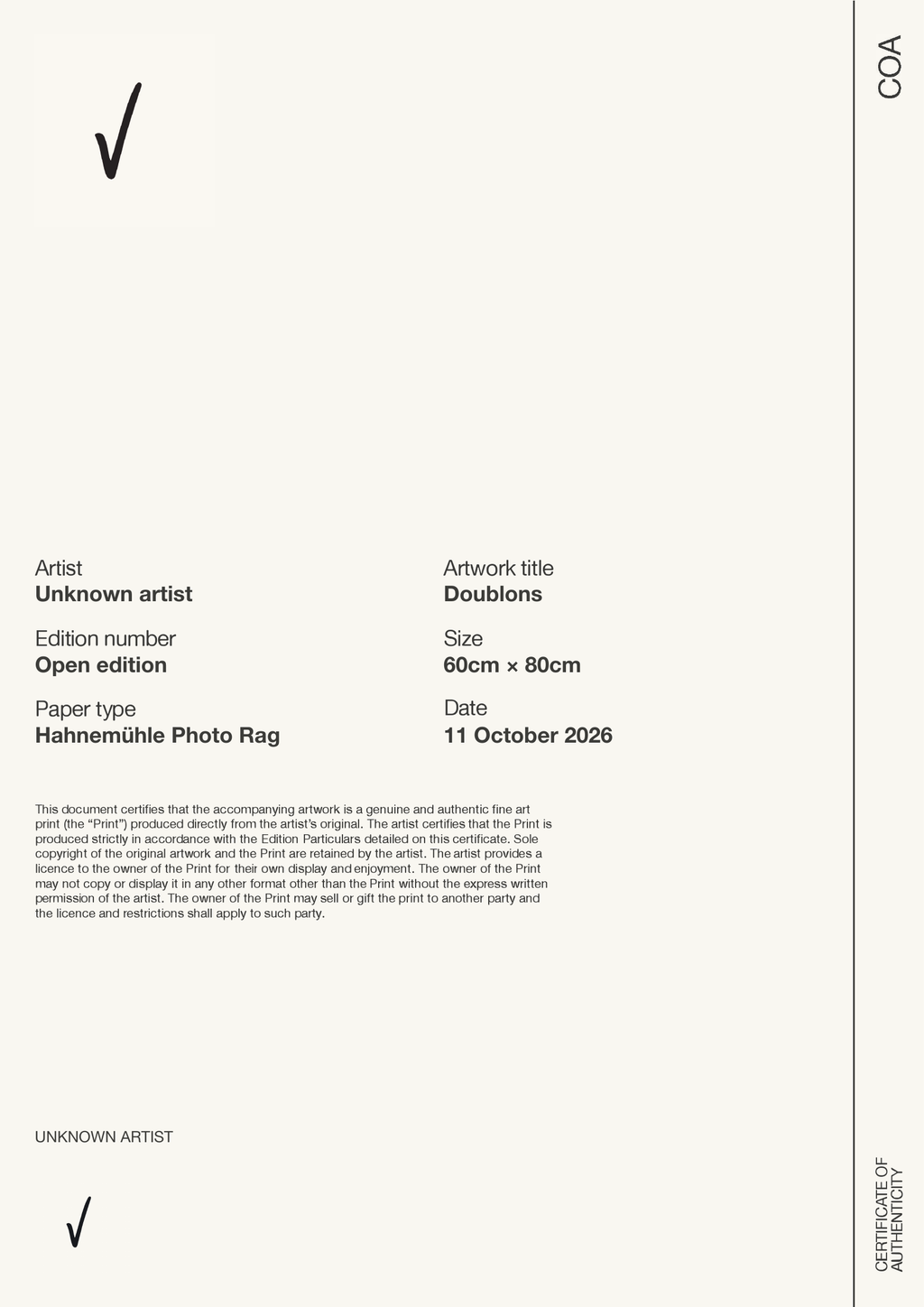 Doublons — Certificate of Authenticity