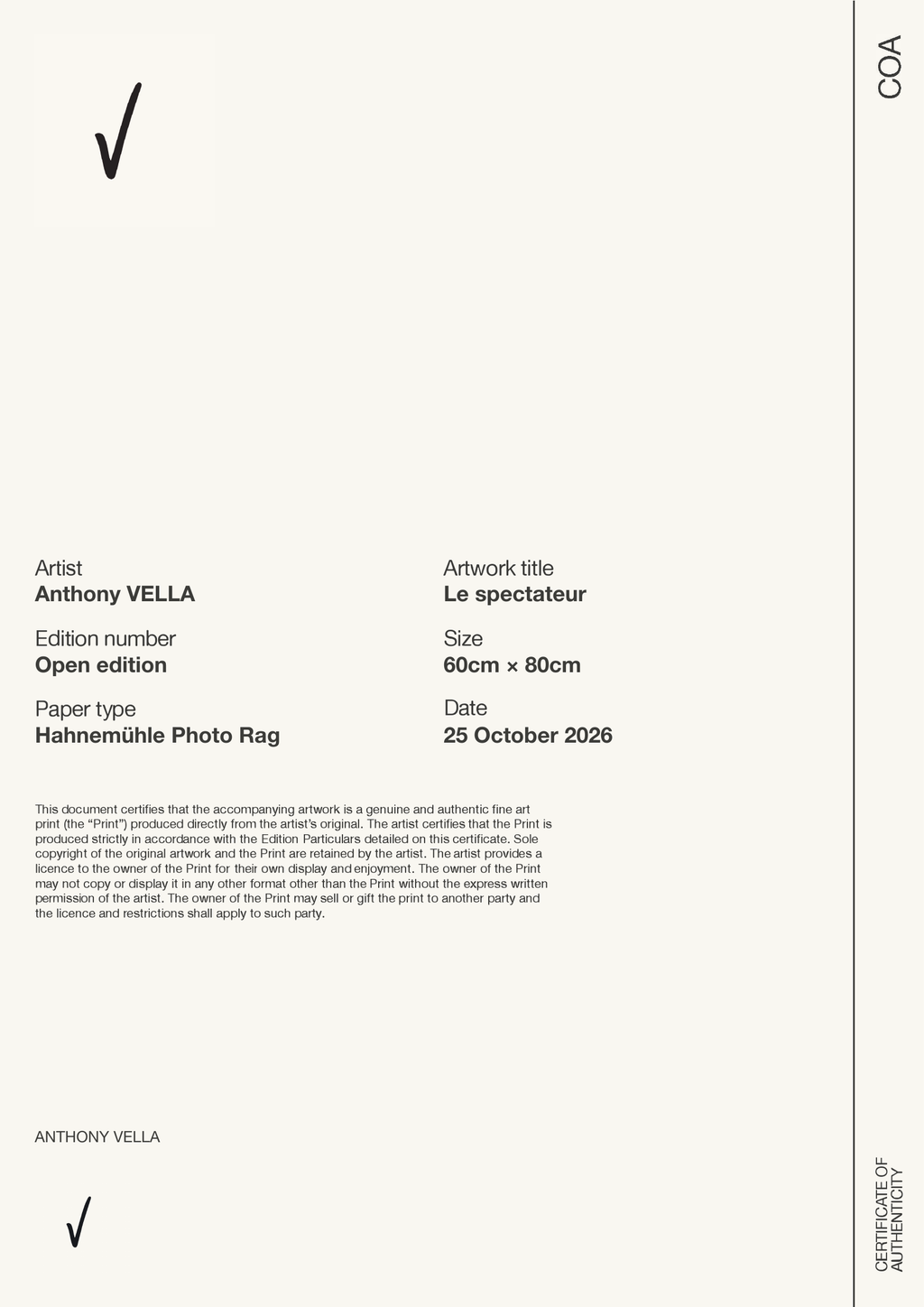 Le spectateur — Certificate of Authenticity